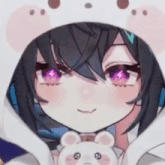 a close up of a cartoon girl wearing a hoodie and holding a teddy bear .