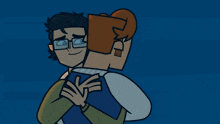 a man with glasses is hugging another man with a sad look on his face