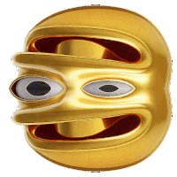 a gold object with three eyes and a mouth open