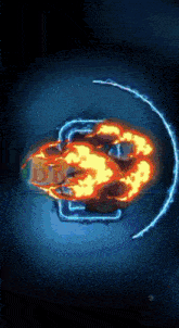 a blue background with a circle and a flame in the middle of it