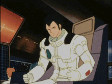 a man in a space suit is sitting in a chair
