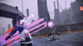 a person in a video game is holding a purple object in their hand