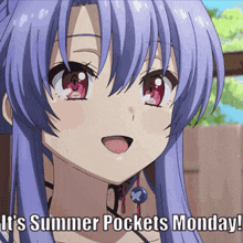 a girl with purple hair and red eyes says it 's summer pockets monday ..