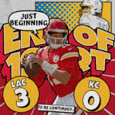 a football player is holding a football and says just beginning