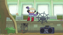 a cartoon character is holding a steering wheel in a room