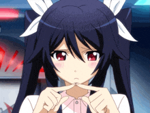 a girl with black hair and red eyes is making a face with her hands