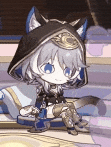 a cartoon character with a cat 's ears and a hood is sitting on a couch .