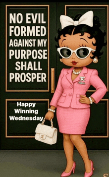 betty boop in a pink suit stands in front of a door that says no evil formed against my purpose shall prosper