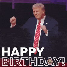 a man in a suit and tie is dancing with the words happy birthday behind him