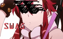a girl with red hair is wearing sunglasses and the word swag is next to her