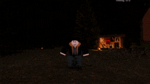 a roblox character is standing in front of a building that says running on it