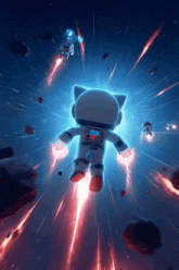 a cat astronaut is flying through space with a jetpack