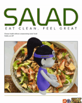 a salad advertisement with a girl wearing a shoteita visor