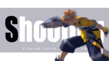 a video game character is running with the word shouting behind him