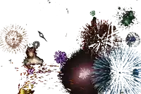 fireworks are displayed on a white background with a red ball in the center