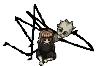 a drawing of a girl sitting next to a spider with a face on it 's head .