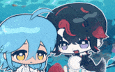a drawing of a girl with blue hair and a girl with red hair