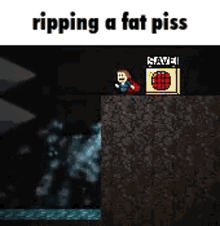 a video game character is ripping a fat piss while standing on a rock .