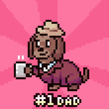 a pixel art of a dog wearing a hat and holding a cup of coffee