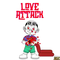 a cartoon character is surrounded by hearts and has the words love attack above him