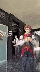 two anime characters are standing in front of a building with the words vigle.ai on the bottom right