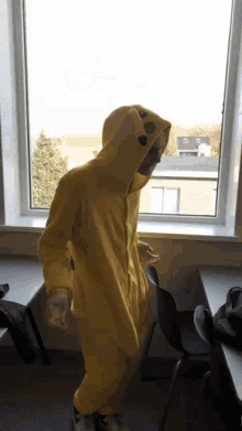 a person dressed in a yellow costume stands in front of a window