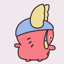 a cartoon drawing of a red monster wearing a blue hat with yellow wings