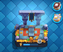 a video game with coins and a trophy on top of it