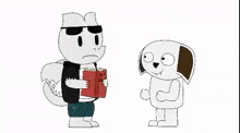 a cartoon dog and a cartoon cat are standing next to each other holding a book .