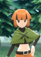 a girl with orange hair and a green cape