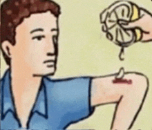 a cartoon of a man squeezing a lemon on his wound
