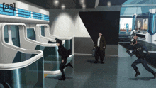 a man in a gas mask is running in a room with a sign that says easl