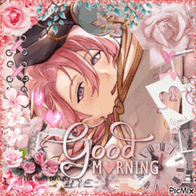 a picture of a girl with pink hair is surrounded by flowers and the words good morning