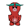 a pixel art drawing of a red teddy bear with a green hat and a pink heart in his chest .