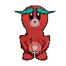 a pixel art drawing of a red teddy bear with a green hat and a pink heart in his chest .