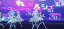 a group of anime girls are dancing in front of a neon sign that says " aque "