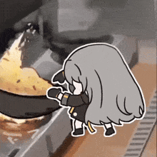 a cartoon girl is cooking food in a frying pan
