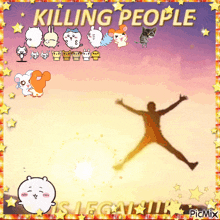 a cartoon of a man jumping in the air with the words " killing people is legal " below him