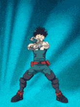 a cartoon character is standing in front of a blue background with his hands in his pockets .