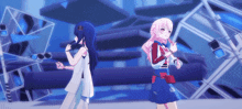 two anime girls are standing next to each other in a room
