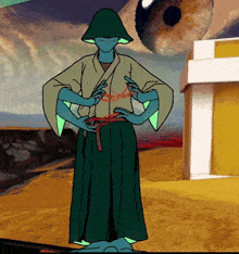 a cartoon of a man in a kimono standing in front of a building .