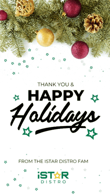 a thank you and happy holidays card from the istar distro fam