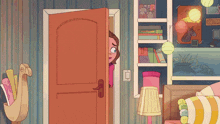 a cartoon drawing of a girl peeking out from behind a door with a picture of a horse on the shelf