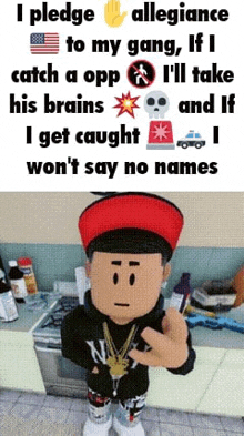 a cartoon character is standing in a kitchen with a sign that says allegiance to my gang