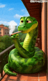 a cartoon snake is smoking a cigarette on a balcony with a caption that says @smallism