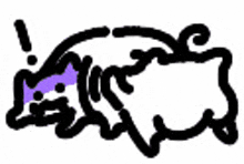 a black and white drawing of a cat with a purple ribbon on its head .