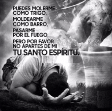 a black and white photo of a man kneeling in front of an elephant with a quote in spanish