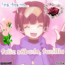 a picture of a girl with the words feliz sabado familia on the bottom