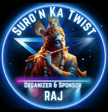 a logo for suro 'n ka twist with a picture of krishna playing a flute