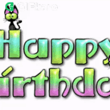 a cartoon cat is standing on top of the words happy birthday .